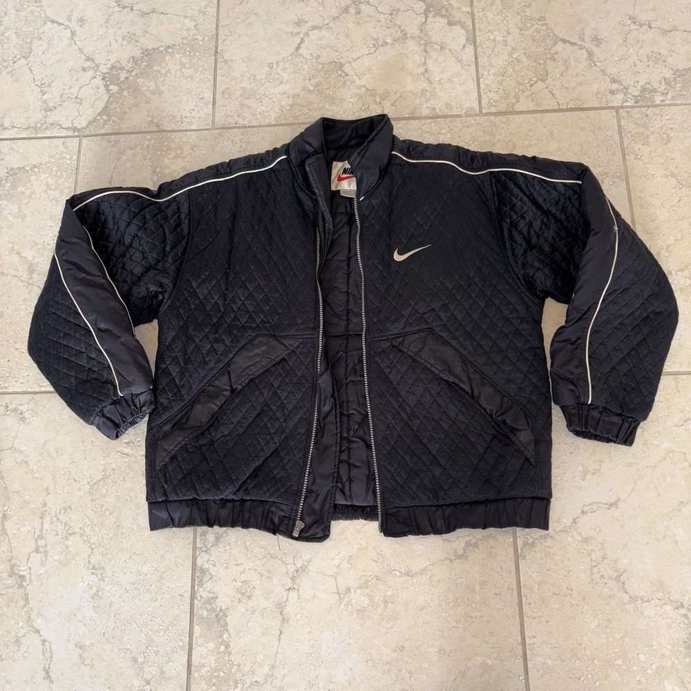 Nike Quilted Jacket Size Small Black Full Zip Swoosh Y2K Puffer Coat Broken Zip